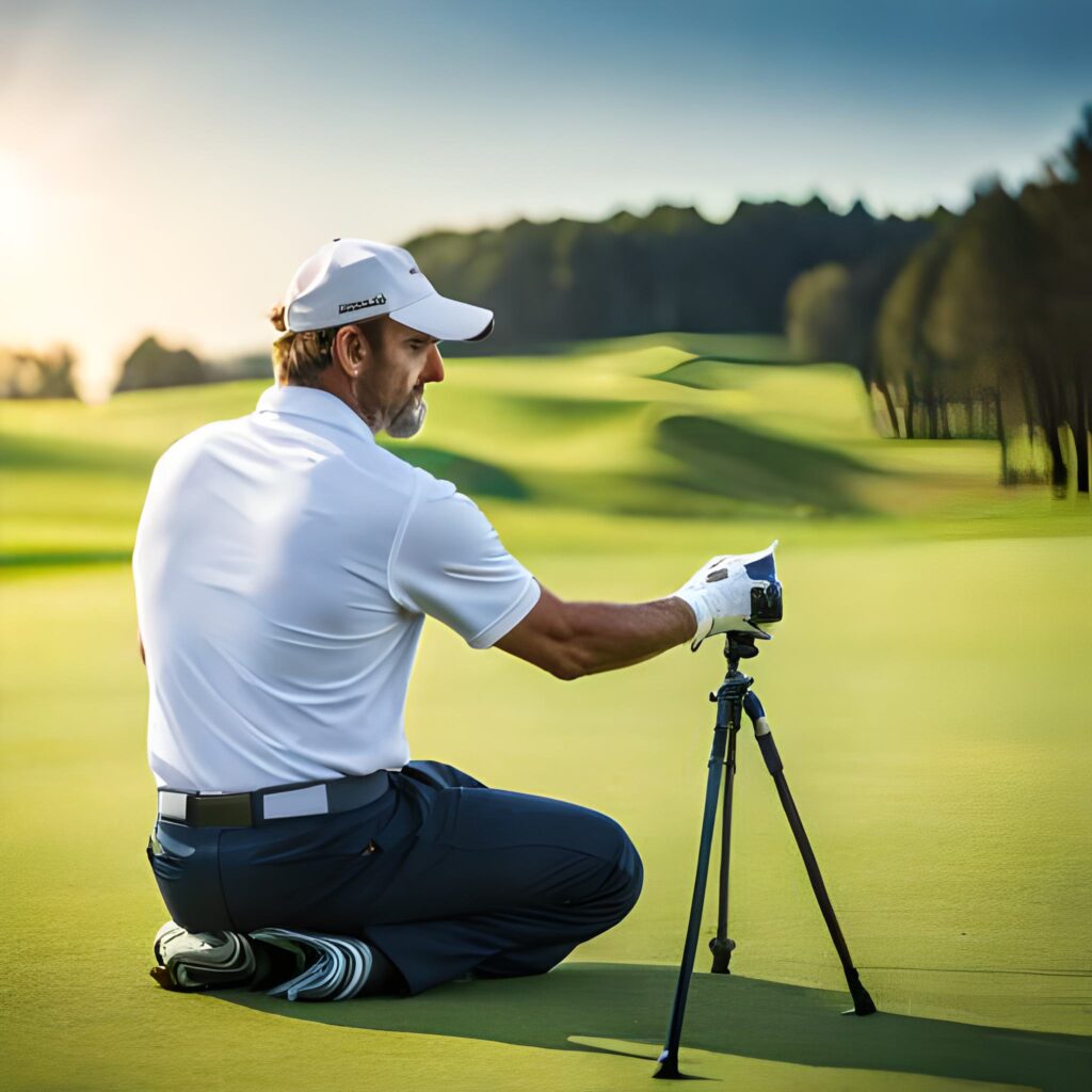 Hombre regulando un telémetro laser en el campo de golf